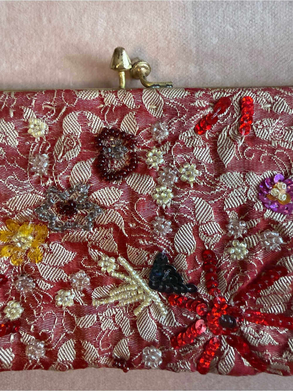 Vintage Beaded Floral Brocade Evening Clutch Purse Kiss Lock Chain Strap Red Pin - Picture 2 of 8